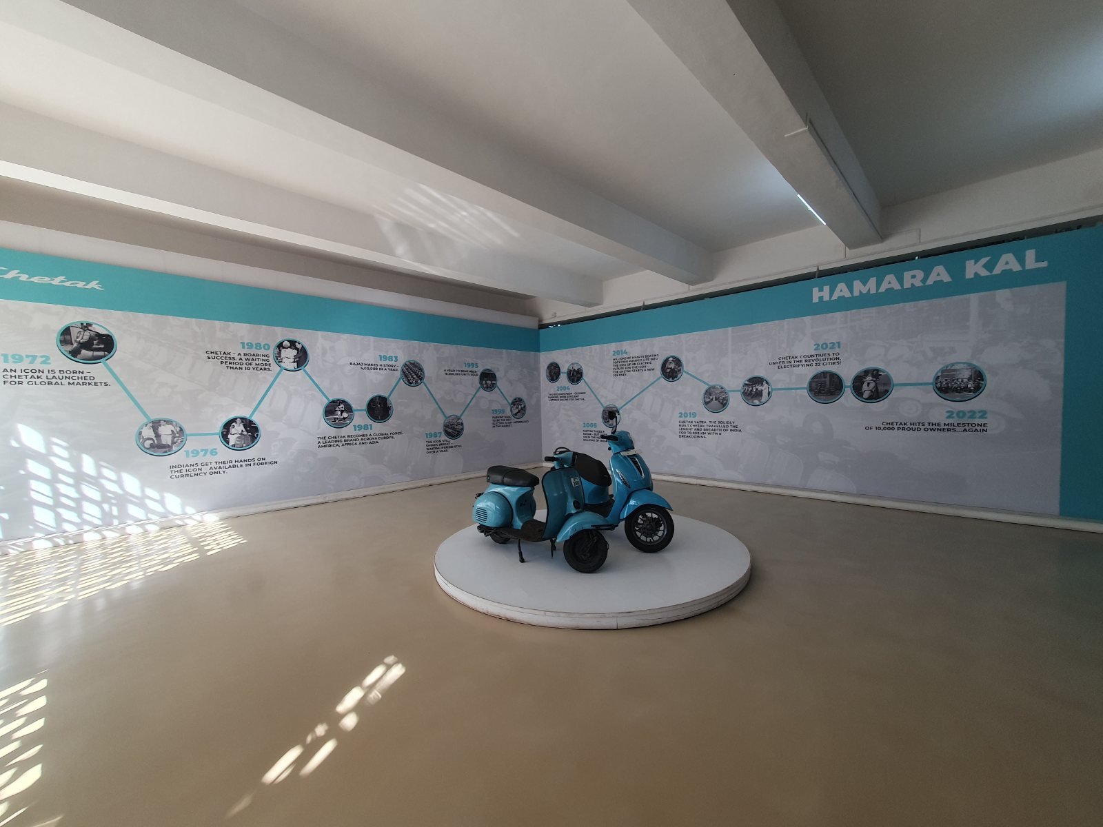 Chetak heritage wall, Hamara Kal, tracing the Chetak timeline from 1972 with a vintage Chetak on display