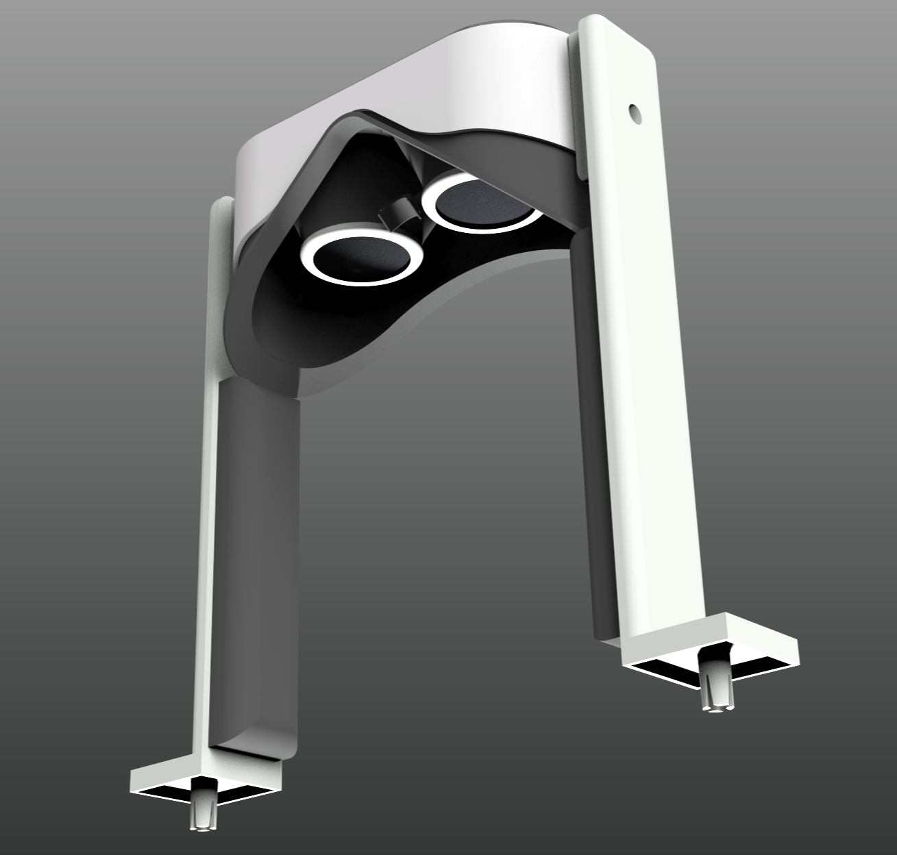 Underside CAD view of the IRIS headset showing the twin-lens optical path inside the housing