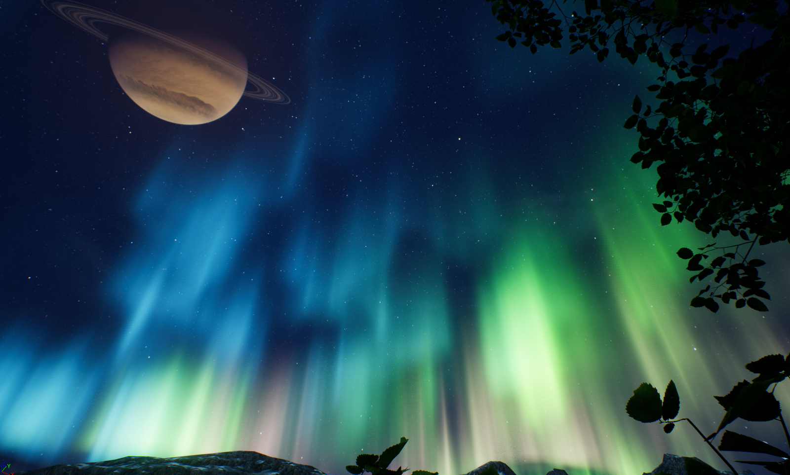 The immersive VR scene built in Unreal Engine: a calm night landscape with aurora and a ringed planet in the sky