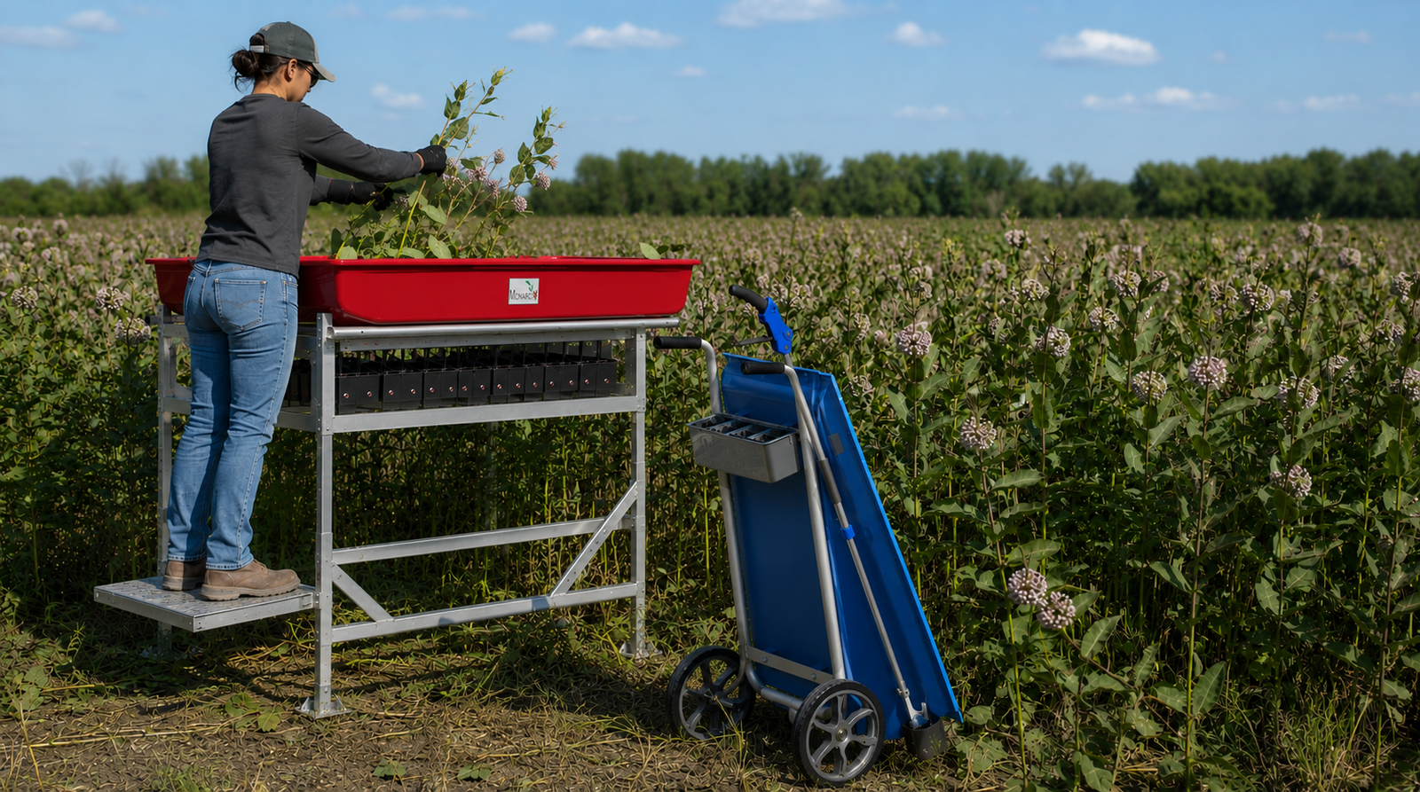 The Monarch milkweed picking station folded upright in a field at sunset