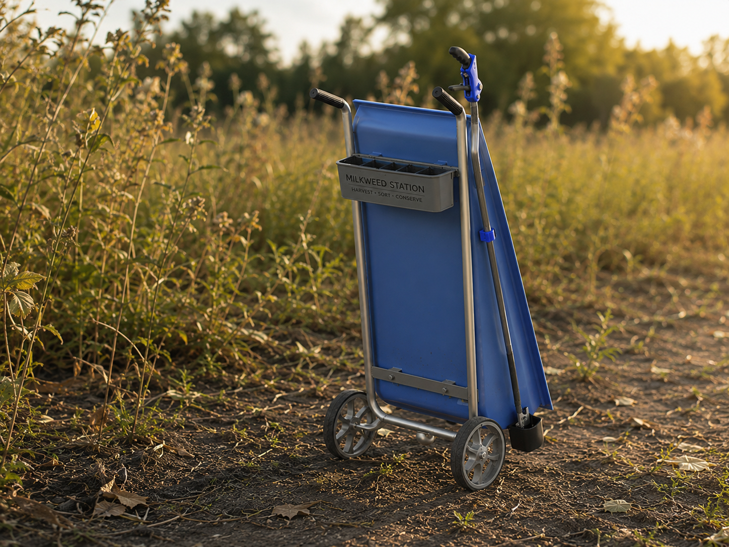 A gardener cutting milkweed stalks into the Monarch picking station's red harvest tray while standing, the folded receptacle cart parked alongside in the field