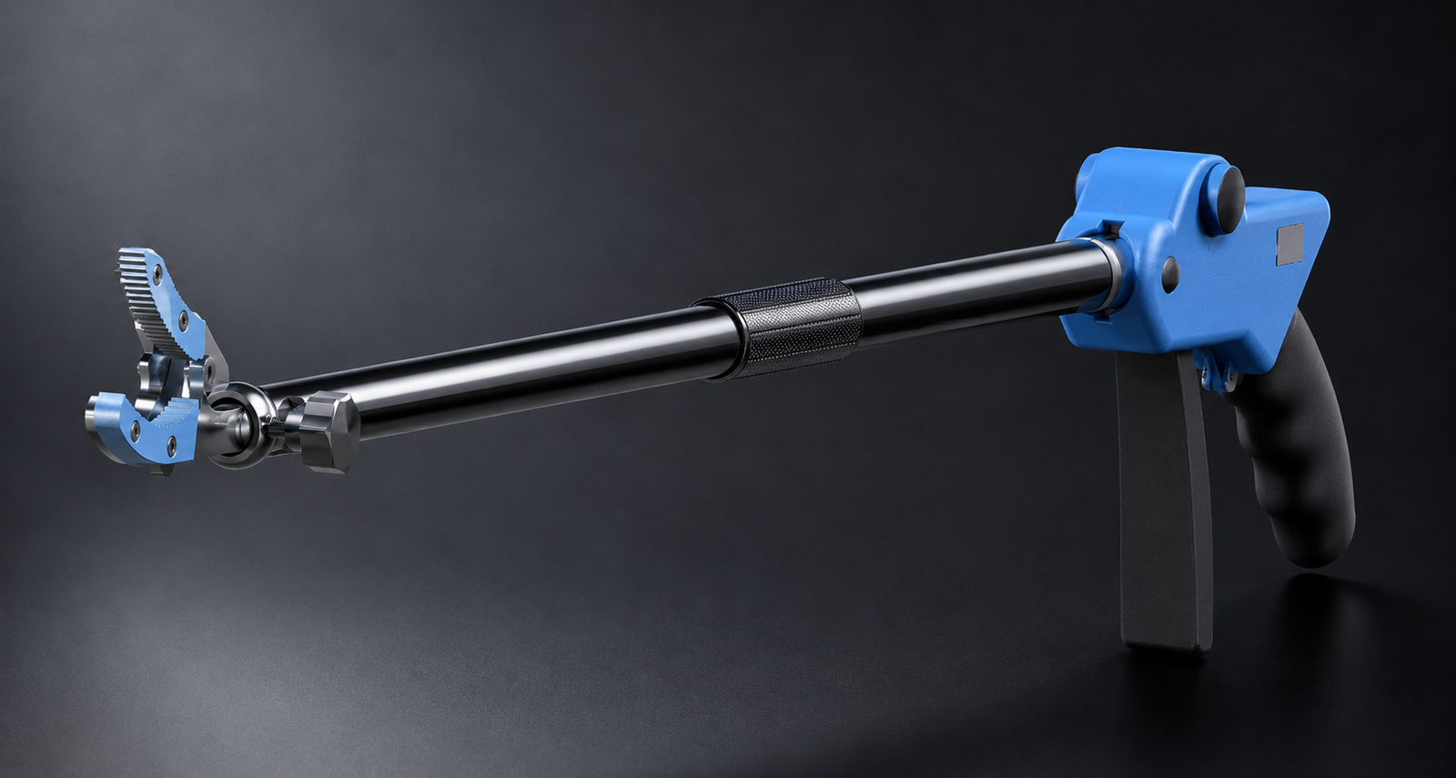 The Monarch picker device: a trigger handle and telescopic pole ending in a twin cutting head, rendered full length