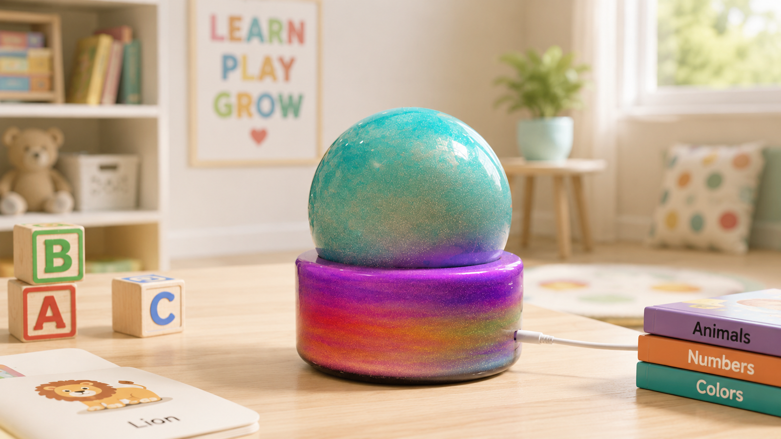 Galaxy projector night light on a nursery desk