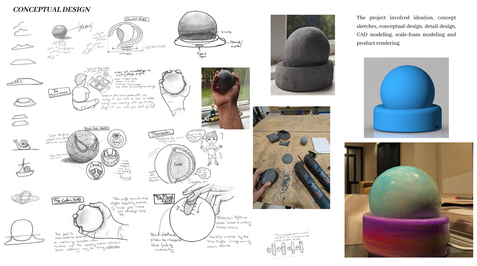 Vivid conceptual design board: pencil sketches, a grey scale-foam model, a blue CAD render and the final rendered product