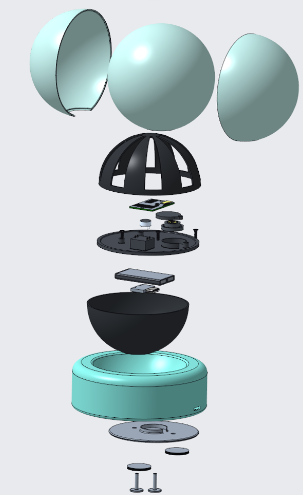 Exploded CAD assembly of Vivid: soft outer shells, dome frame, circuit board, housing plate, battery, base and wireless-charging plate
