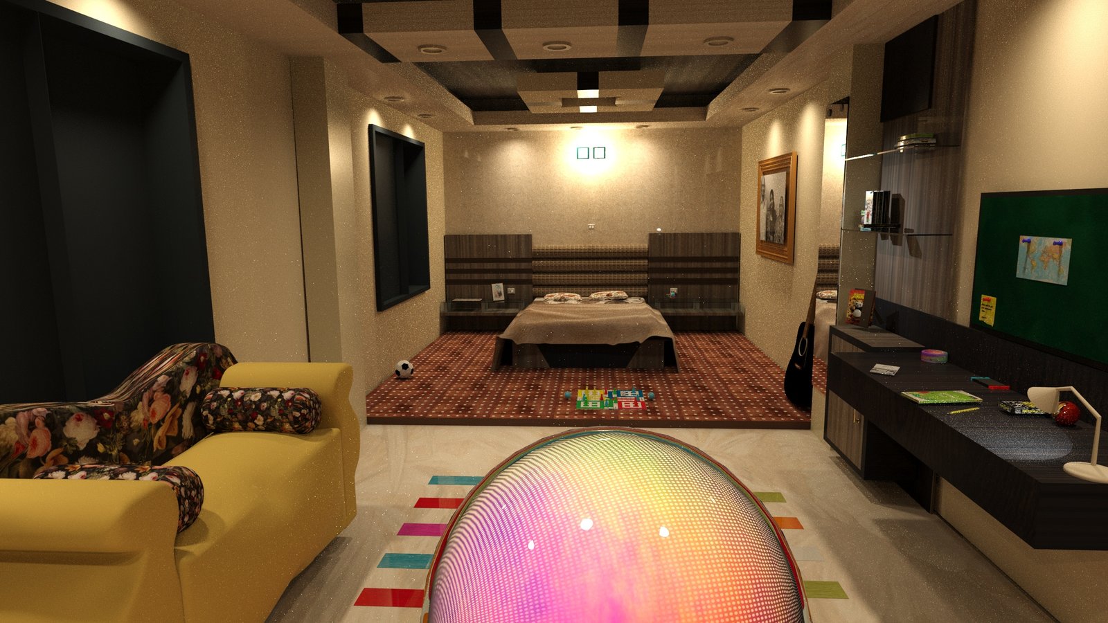 A rendered child's bedroom with Vivid glowing on the floor